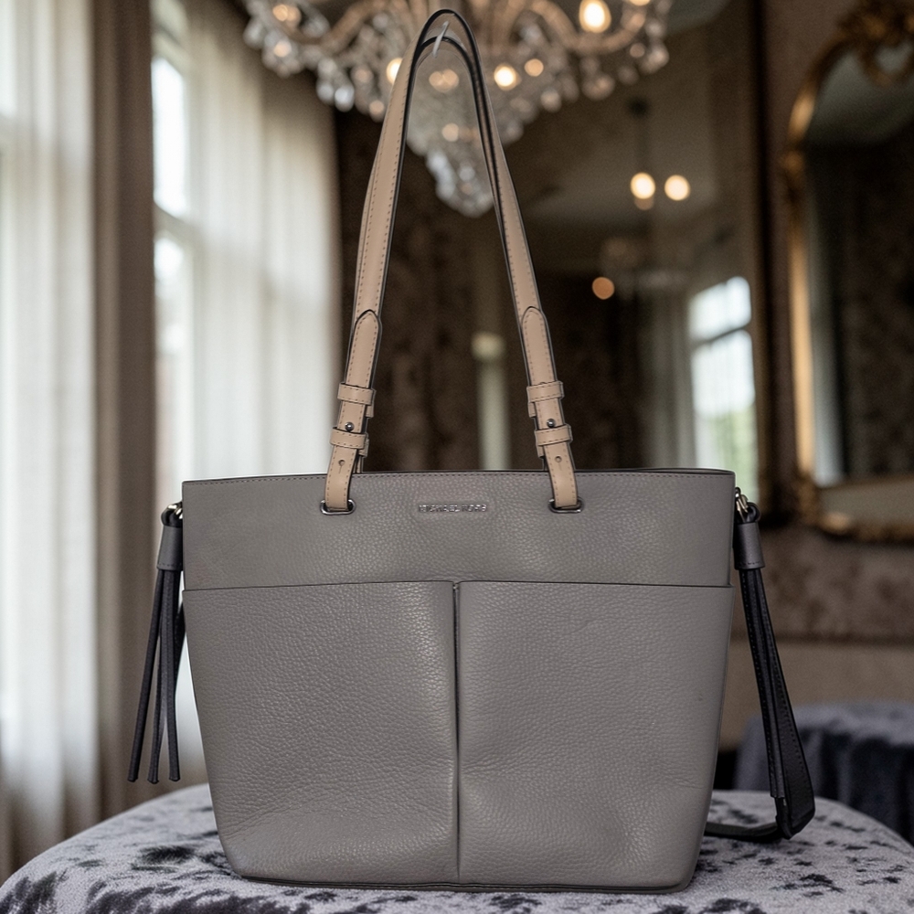 Michael Kors Pebbled Leather Tote Gray & Beige Large Shoulder Bag Authentic - Picture 5 of 8